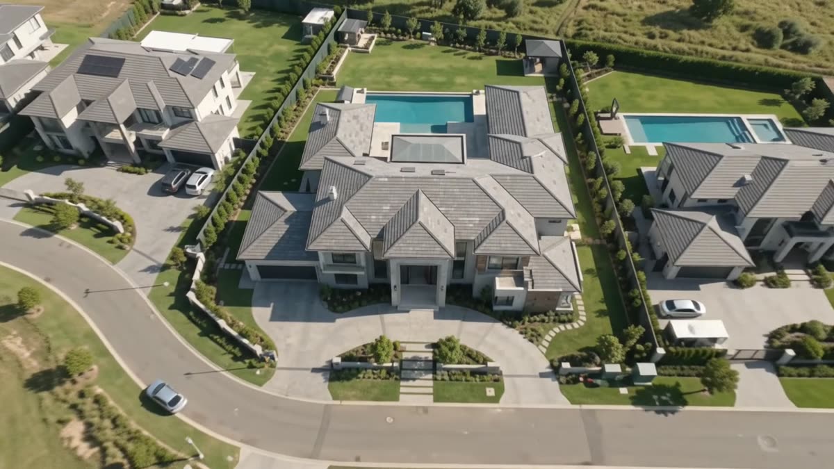 Aerial view of a finished luxury residence with pool