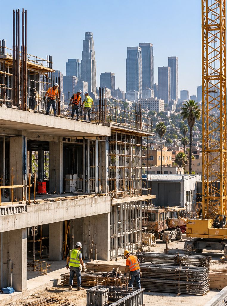 Three-level concrete structure under construction beside a tower crane