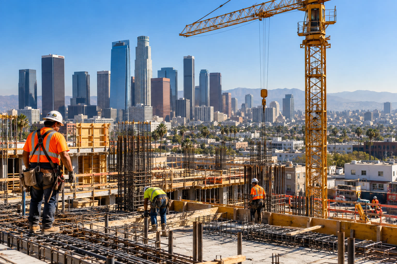Concrete structure rising with a tower crane and downtown skyline