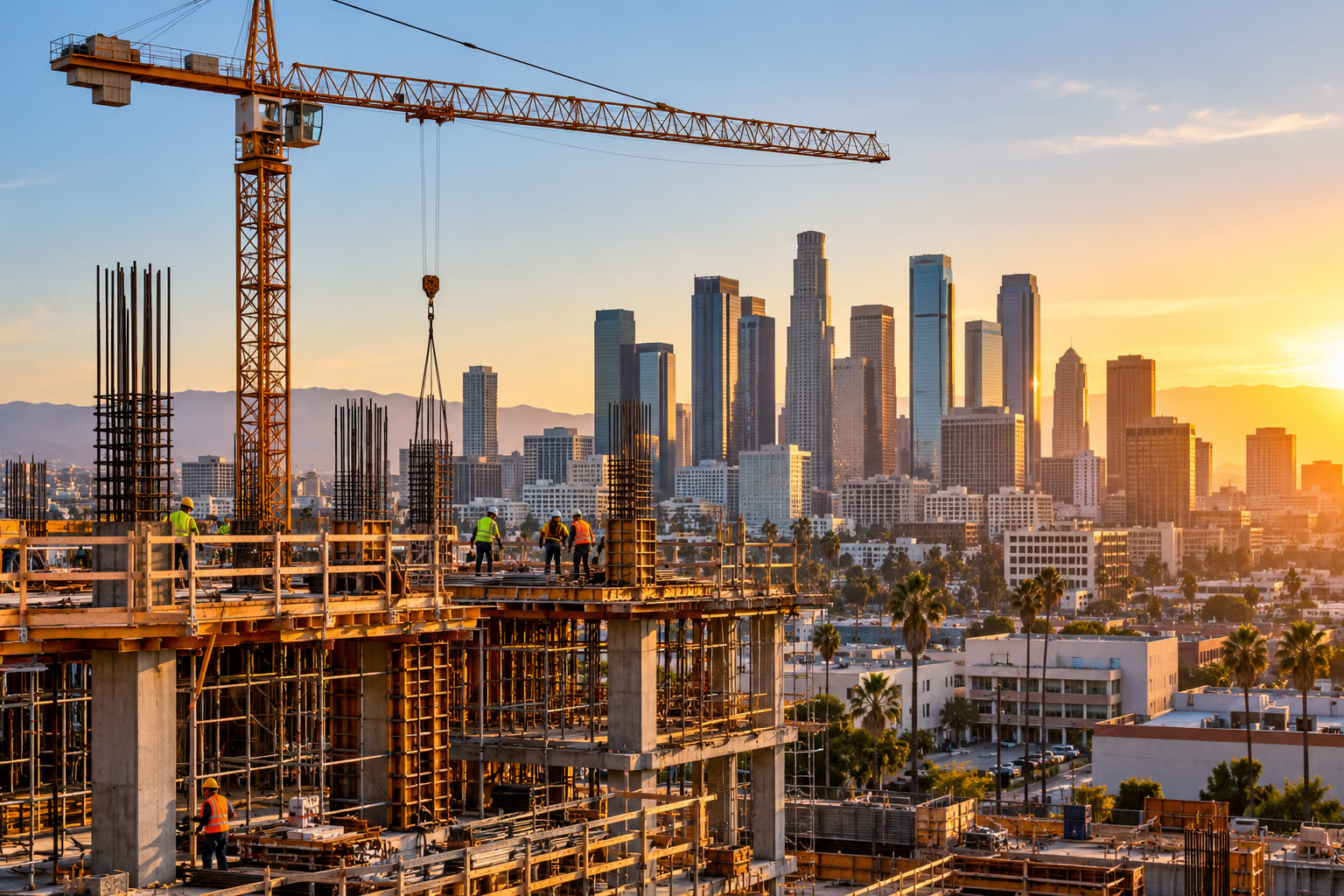 Westline crew working on a concrete frame with the downtown Los Angeles skyline behind
