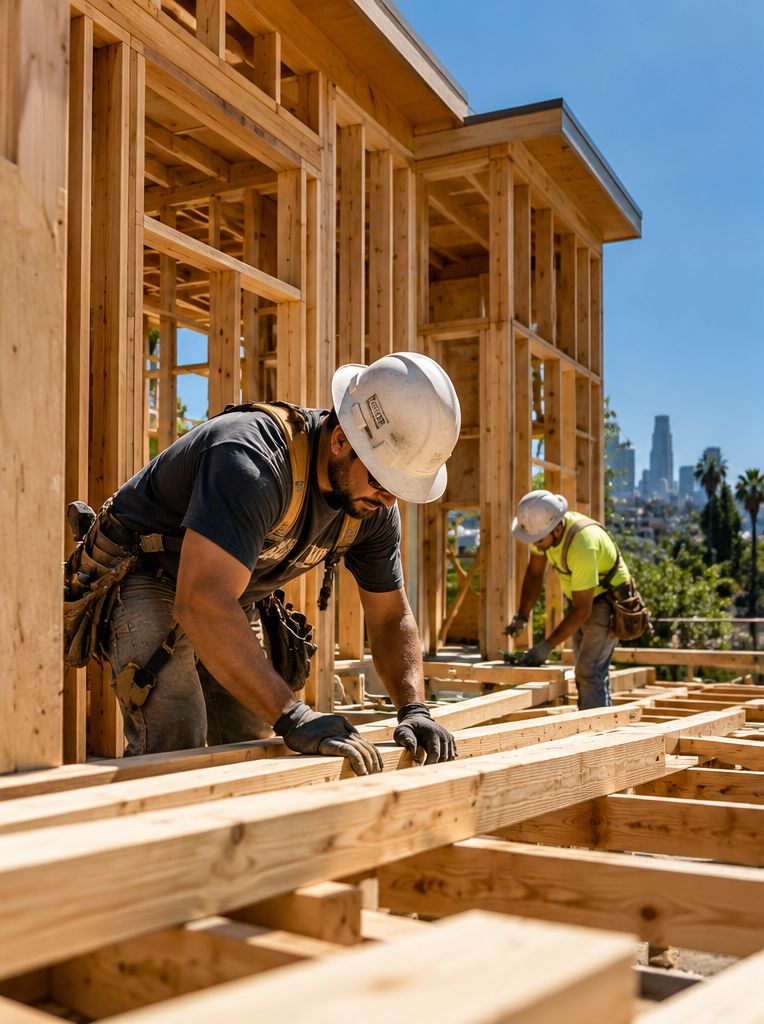 Carpenters framing a hillside home with the downtown skyline in the distance