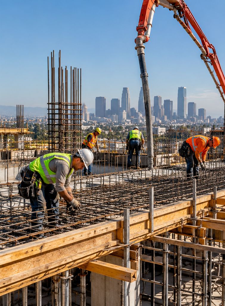 Workers tying rebar on a deck while a concrete pump boom pours