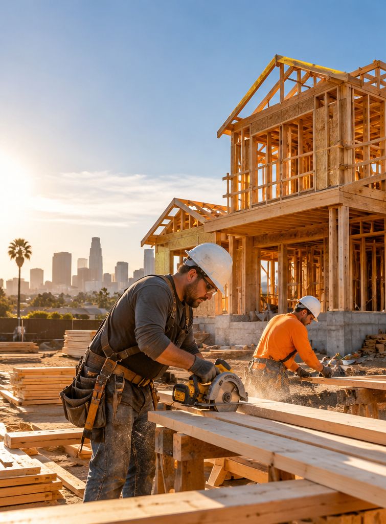 Crew cutting lumber in front of a framed two-story house